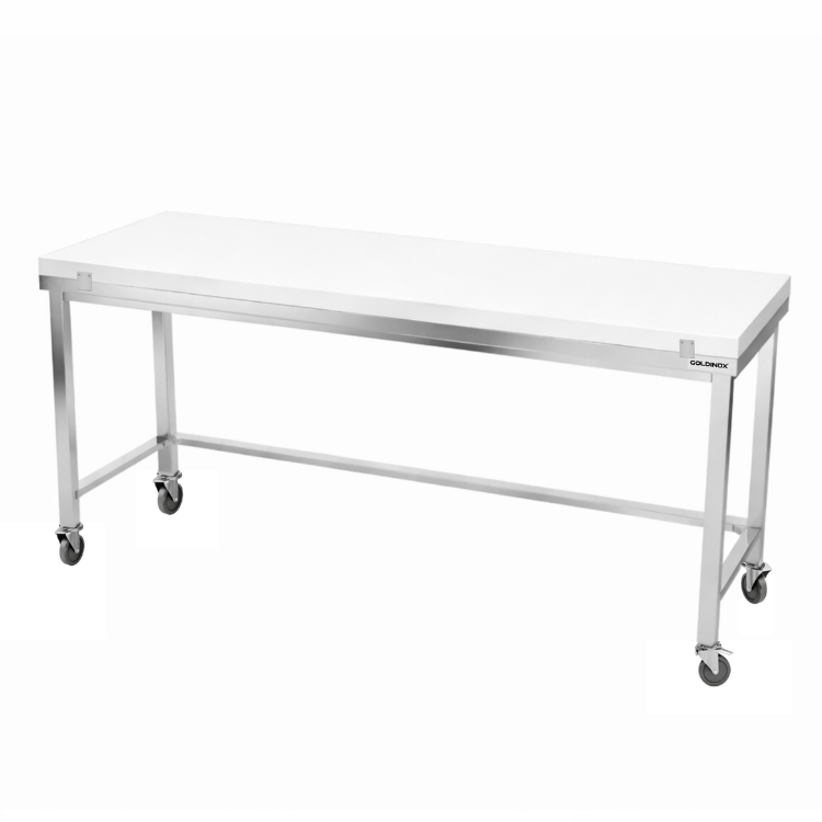 Table de travail en inox 1800x600 mm avec plaque de découpe blanche et renfort sur roulettes PREMIUM - GOLDINOX