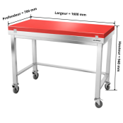 Table de travail en inox 1600x700 mm avec plaque de découpe rouge et renfort sur roulettes PREMIUM - GOLDINOX