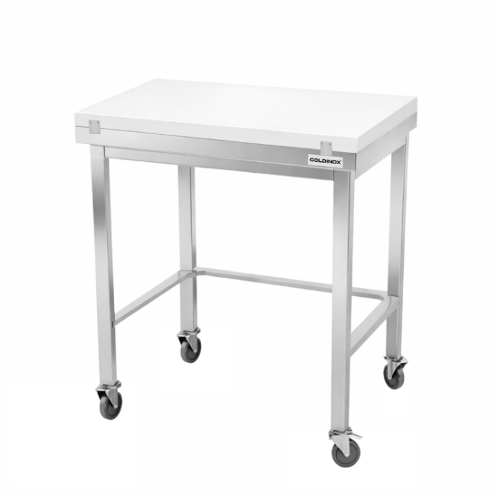 Table de travail en inox 800x700 mm avec plaque de découpe blanche et renfort sur roulettes PREMIUM - GOLDINOX