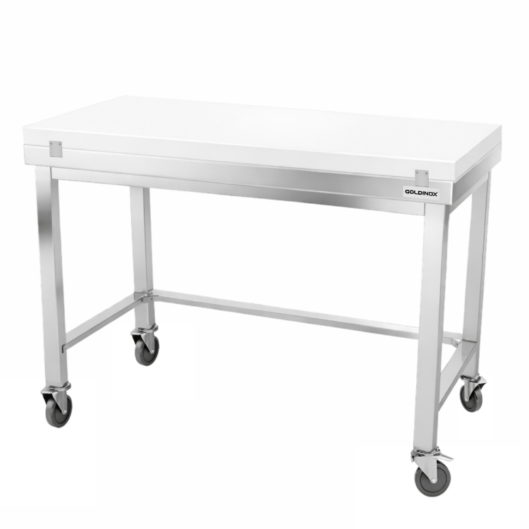 Table de travail en inox 1400x700 mm avec plaque de découpe blanche et renfort sur roulettes PREMIUM - GOLDINOX