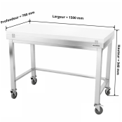 Table de travail en inox 1500x700 mm avec plaque de découpe blanche et renfort sur roulettes PREMIUM - GOLDINOX