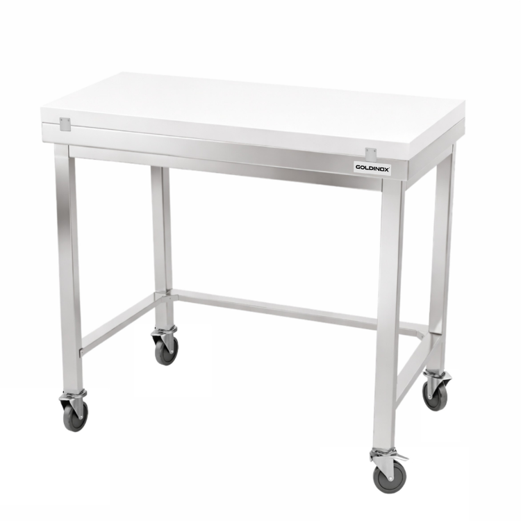 Table de travail en inox 1200x800 mm avec plaque de découpe blanche et renfort sur roulettes PREMIUM - GOLDINOX