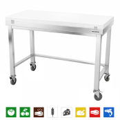 Table de travail en inox 1400x800 mm avec plaque de découpe blanche et renfort sur roulettes PREMIUM - GOLDINOX