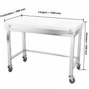 Table de travail en inox 1500x800 mm avec plaque de découpe blanche et renfort sur roulettes PREMIUM - GOLDINOX