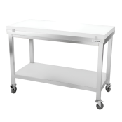 Table de travail en inox 1600x800 mm avec plaque de découpe blanche et renfort sur roulettes PREMIUM - GOLDINOX
