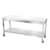 Table de travail en inox 1800x800 mm avec plaque de découpe blanche et renfort sur roulettes PREMIUM - GOLDINOX