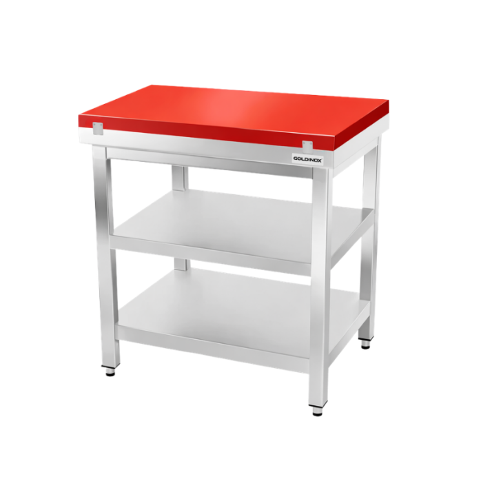 Table de travail en inox 600x500 mm avec plaque de découpe rouge et 2 étagères PREMIUM - GOLDINOX