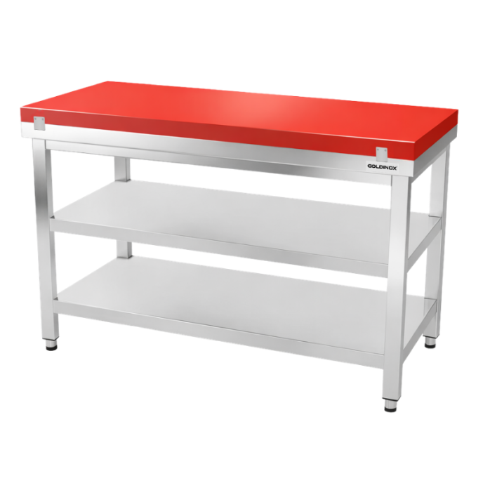 Table de travail en inox 1500x500 mm avec plaque de découpe rouge et 2 étagères PREMIUM - GOLDINOX