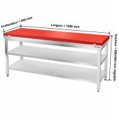 Table de travail en inox 1800x500 mm avec plaque de découpe rouge et 2 étagères PREMIUM - GOLDINOX
