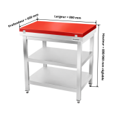 Table de travail en inox 800x600 mm avec plaque de découpe rouge et 2 étagères PREMIUM - GOLDINOX