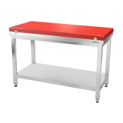 Table de travail en inox 1400x600 mm avec plaque de découpe rouge et 2 étagères PREMIUM - GOLDINOX