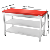 Table de travail en inox 1600x700 mm avec plaque de découpe rouge et 2 étagères PREMIUM - GOLDINOX