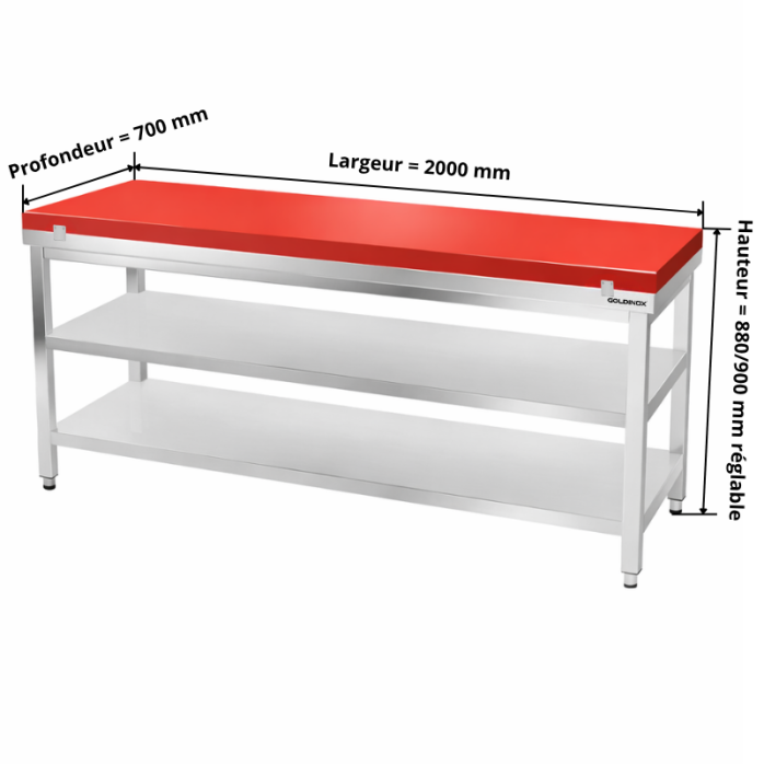 Table de travail en inox 2000x700 mm avec plaque de découpe rouge et 2 étagères PREMIUM - GOLDINOX