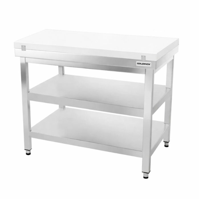Table de travail en inox 1000x700 mm avec plaque de découpe blanche et 2 étagères PREMIUM - GOLDINOX