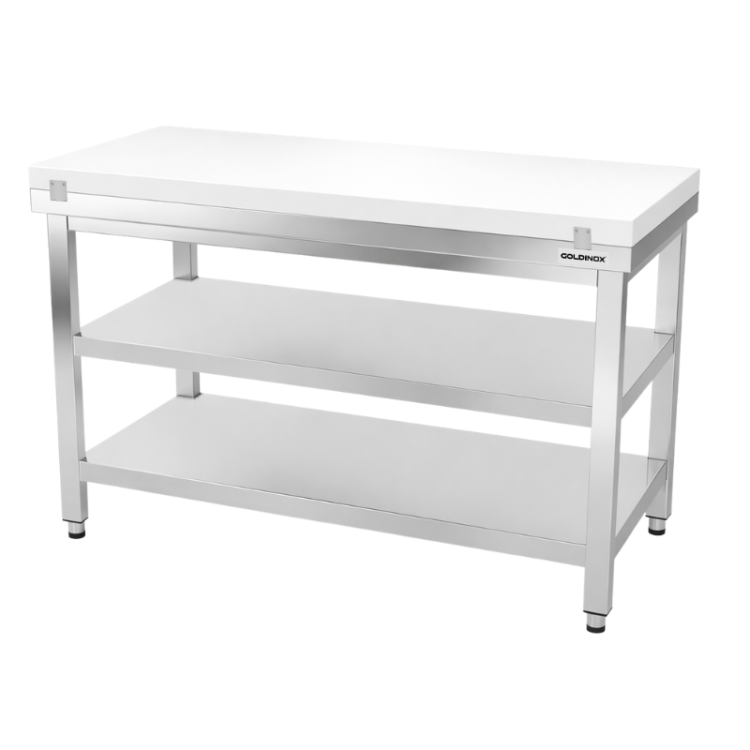 Table de travail en inox 1600x700 mm avec plaque de découpe blanche et 2 étagères PREMIUM - GOLDINOX