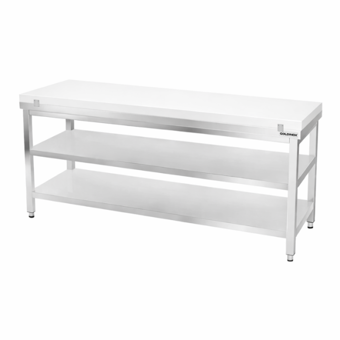 Table de travail en inox 1800x700 mm avec plaque de découpe blanche et 2 étagères PREMIUM - GOLDINOX