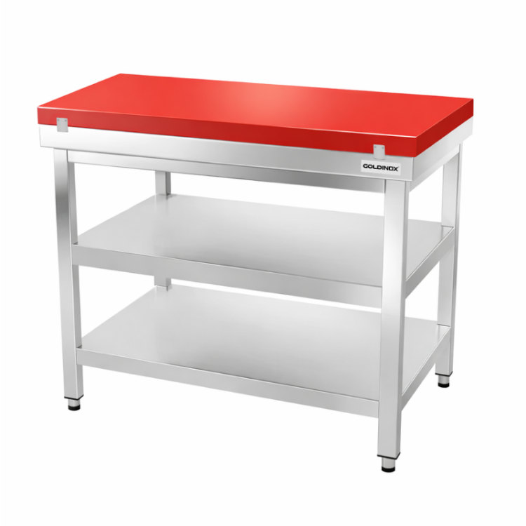 Table de travail en inox 1200x800 mm avec plaque de découpe rouge et 2 étagères PREMIUM - GOLDINOX