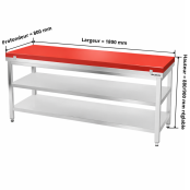Table de travail en inox 1800x800 mm avec plaque de découpe rouge et 2 étagères PREMIUM - GOLDINOX