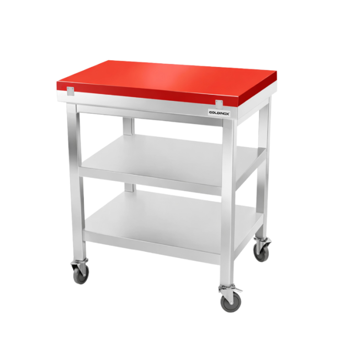 Table de travail en inox 500x500 mm avec plaque de découpe rouge et 2 étagères sur roulettes PREMIUM - GOLDINOX