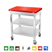 Table de travail en inox 600x500 mm avec plaque de découpe rouge et 2 étagères sur roulettes PREMIUM - GOLDINOX