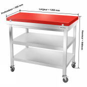 Table de travail en inox 1200x500 mm avec plaque de découpe rouge et 2 étagères sur roulettes PREMIUM - GOLDINOX