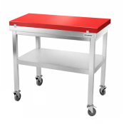 Table de travail en inox 1200x500 mm avec plaque de découpe rouge et 2 étagères sur roulettes PREMIUM - GOLDINOX