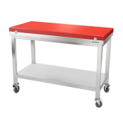 Table de travail en inox 1400x500 mm avec plaque de découpe rouge et 2 étagères sur roulettes PREMIUM - GOLDINOX