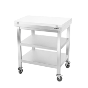 Table de travail en inox 500x500 mm avec plaque de découpe blanche et 2 étagères sur roulettes PREMIUM - GOLDINOX