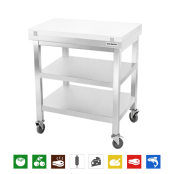 Table de travail en inox 600x500 mm avec plaque de découpe blanche et 2 étagères sur roulettes PREMIUM - GOLDINOX