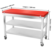 Table de travail en inox 1400x600 mm avec plaque de découpe rouge et 2 étagères sur roulettes PREMIUM - GOLDINOX