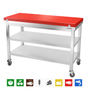 Table de travail en inox 1500x600 mm avec plaque de découpe rouge et 2 étagères sur roulettes PREMIUM - GOLDINOX