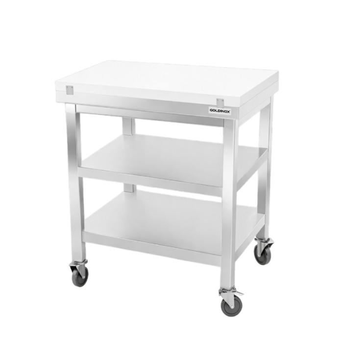 Table de travail en inox 600x600 mm avec plaque de découpe blanche et 2 étagères sur roulettes PREMIUM - GOLDINOX