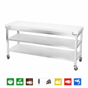 Table de travail en inox 2000x600 mm avec plaque de découpe blanche et 2 étagères sur roulettes PREMIUM - GOLDINOX