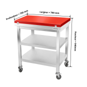 Table de travail en inox 700x700 mm avec plaque de découpe rouge et 2 étagères sur roulettes PREMIUM - GOLDINOX