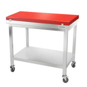 Table de travail en inox 1000x700 mm avec plaque de découpe rouge et 2 étagères sur roulettes PREMIUM - GOLDINOX