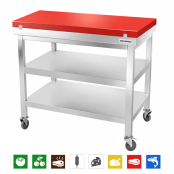 Table de travail en inox 1200x700 mm avec plaque de découpe rouge et 2 étagères sur roulettes PREMIUM - GOLDINOX