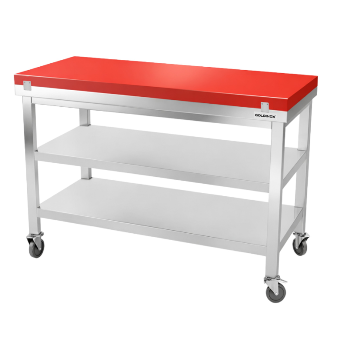 Table de travail en inox 1400x700 mm avec plaque de découpe rouge et 2 étagères sur roulettes PREMIUM - GOLDINOX