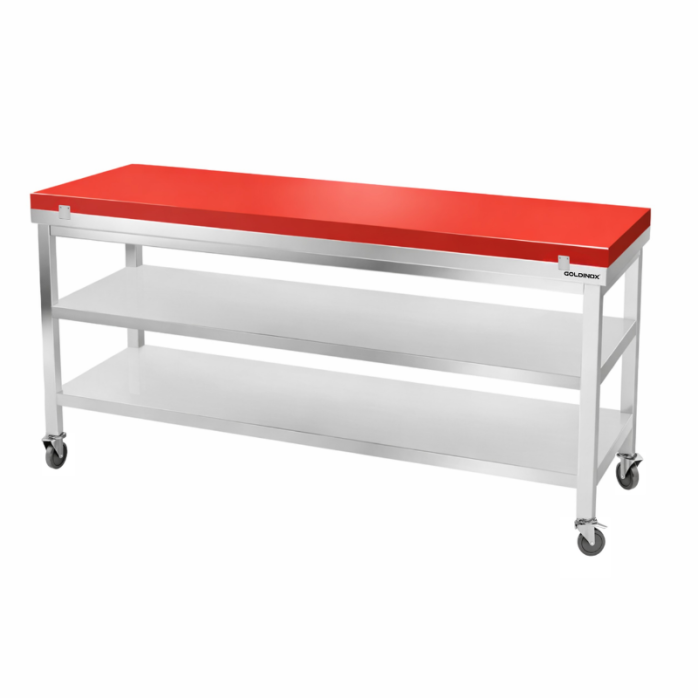 Table de travail en inox 2000x700 mm avec plaque de découpe rouge et 2 étagères sur roulettes PREMIUM - GOLDINOX