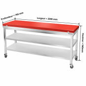 Table de travail en inox 2000x700 mm avec plaque de découpe rouge et 2 étagères sur roulettes PREMIUM - GOLDINOX