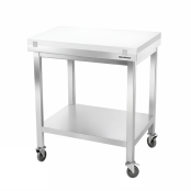 Table de travail en inox 600x700 mm avec plaque de découpe blanche et 2 étagères sur roulettes PREMIUM - GOLDINOX