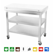 Table de travail en inox 1000x700 mm avec plaque de découpe blanche et 2 étagères sur roulettes PREMIUM - GOLDINOX