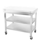 Table de travail en inox 1200x700 mm avec plaque de découpe blanche et 2 étagères sur roulettes PREMIUM - GOLDINOX