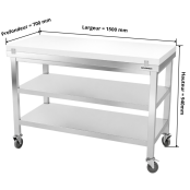 Table de travail en inox 1500x700 mm avec plaque de découpe blanche et 2 étagères sur roulettes PREMIUM - GOLDINOX