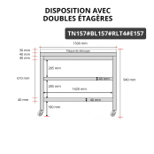 Table de travail en inox 1500x700 mm avec plaque de découpe blanche et 2 étagères sur roulettes PREMIUM - GOLDINOX