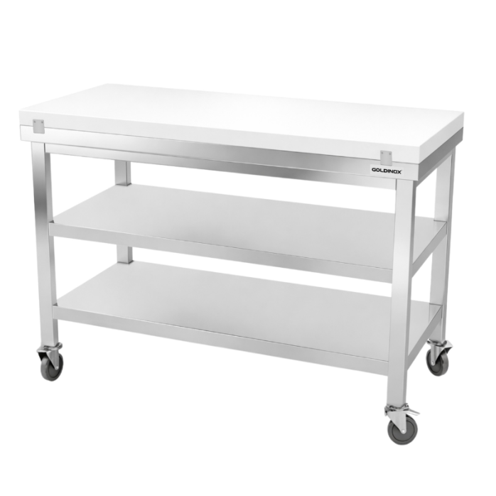 Table de travail en inox 1600x700 mm avec plaque de découpe blanche et 2 étagères sur roulettes PREMIUM - GOLDINOX
