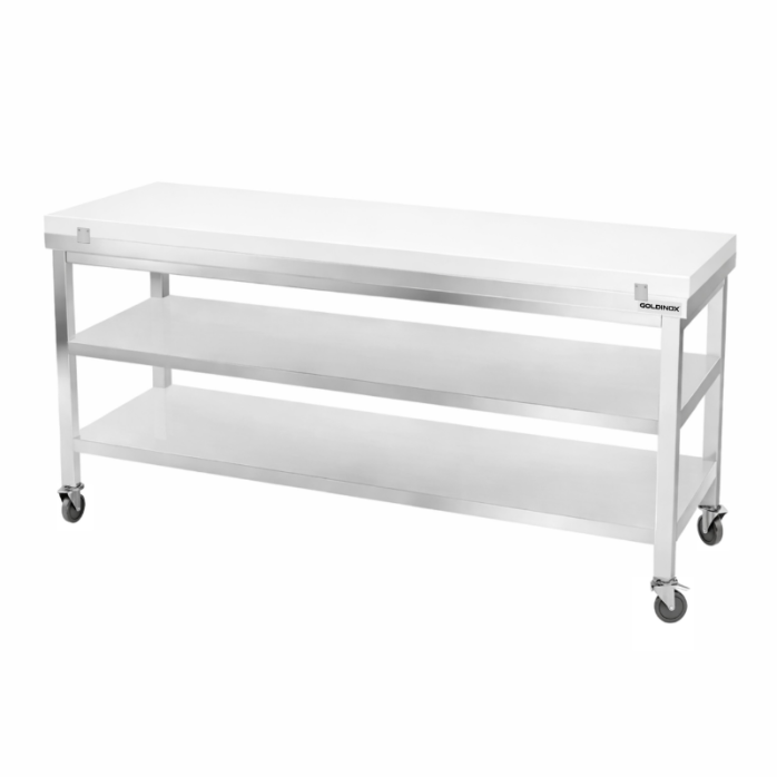 Table de travail en inox 2000x700 mm avec plaque de découpe blanche et 2 étagères sur roulettes PREMIUM - GOLDINOX