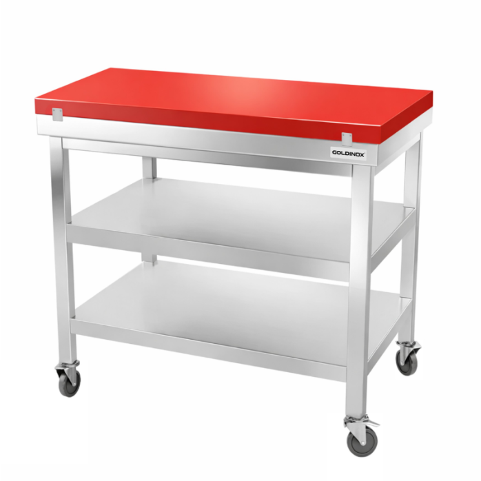 Table de travail en inox 1200x800 mm avec plaque de découpe rouge et 2 étagères sur roulettes PREMIUM - GOLDINOX