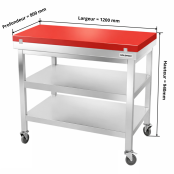 Table de travail en inox 1200x800 mm avec plaque de découpe rouge et 2 étagères sur roulettes PREMIUM - GOLDINOX