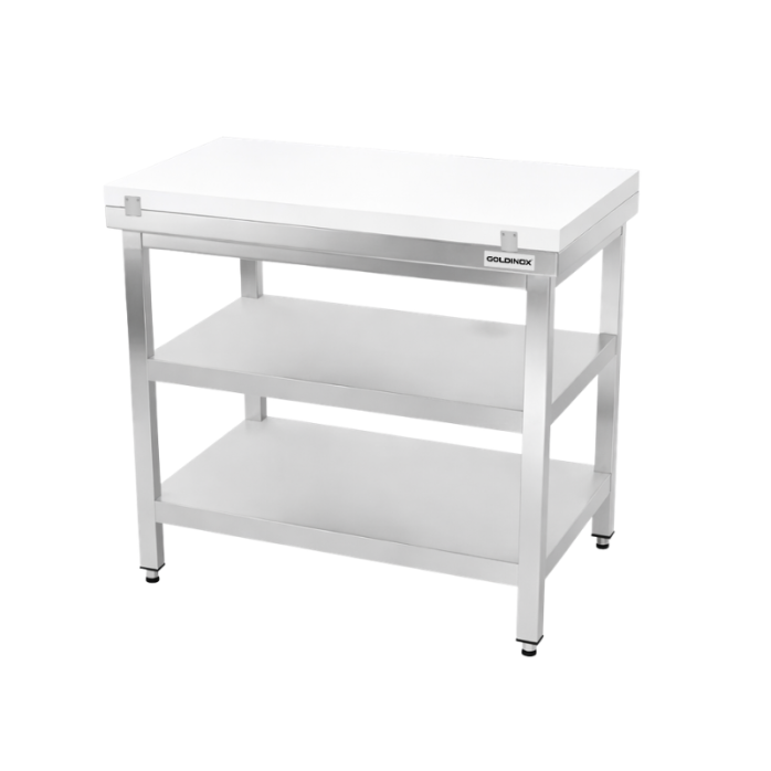 Table de travail en inox 700x700 mm avec plaque de découpe blanche et 2 étagères PREMIUM - GOLDINOX