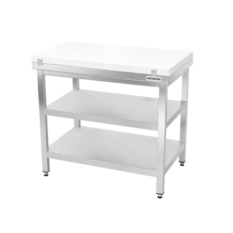 Table de travail en inox 700x700 mm avec plaque de découpe blanche et 2 étagères PREMIUM - GOLDINOX